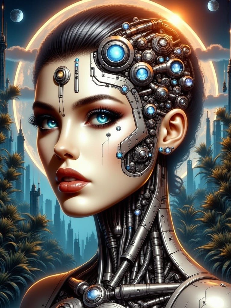 Cyber Iron Goddess Emerges in Futuristic Landscape
