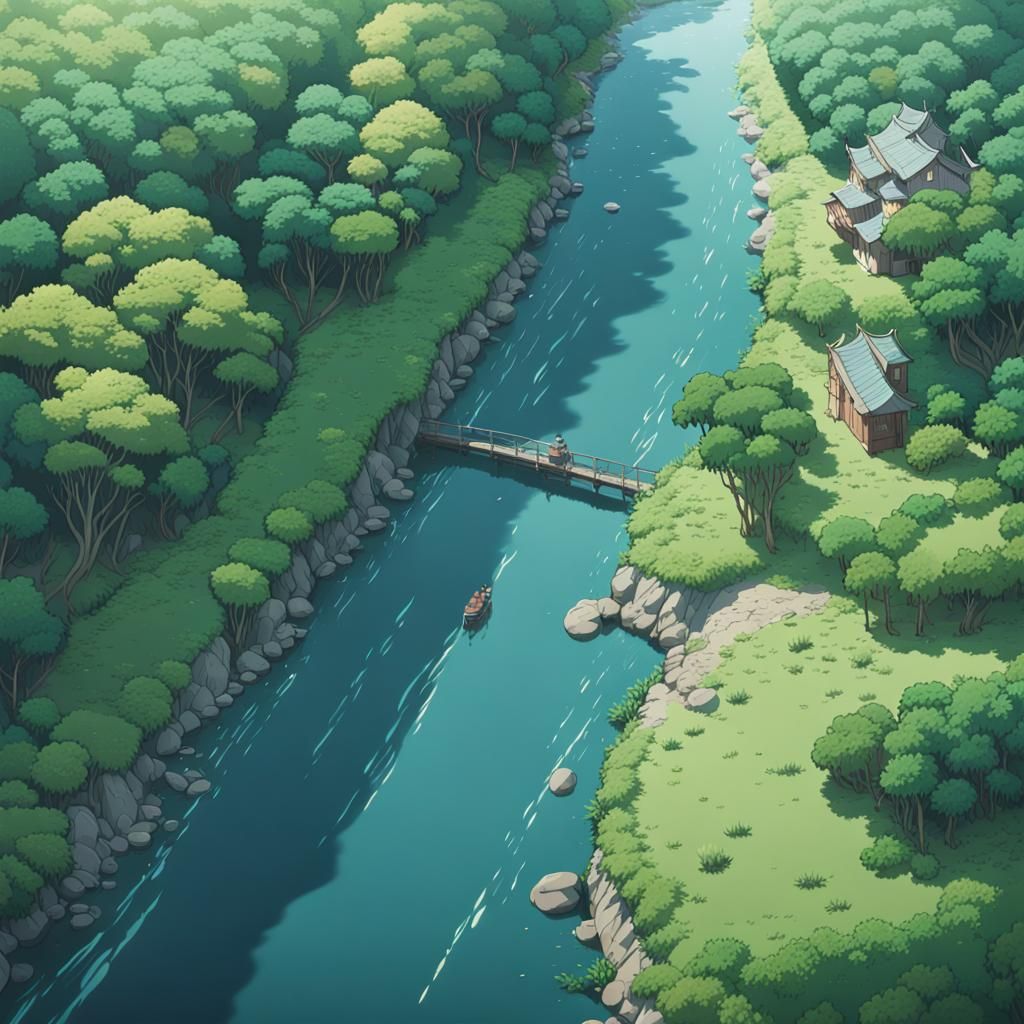 Anime River Scene in Studio Ghibli Style