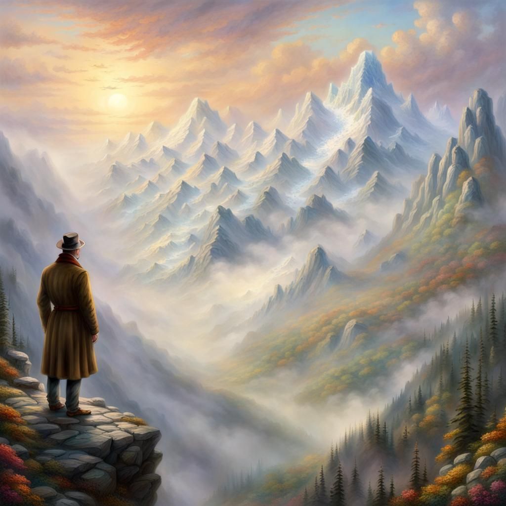 Ethereal Mountain Range Vista in Kinkade Style