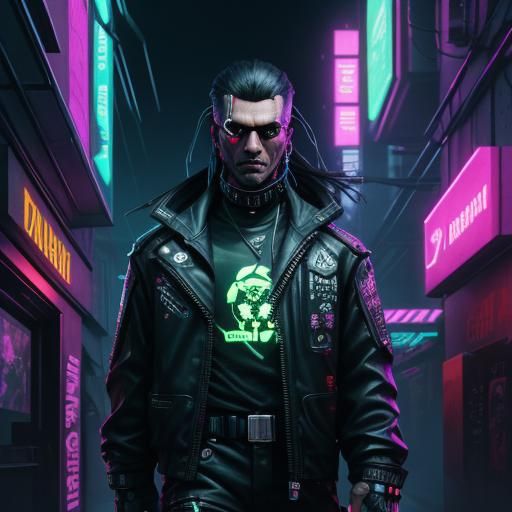 Augmented Mercenary in Neon-Lit Cyberpunk Alleyway