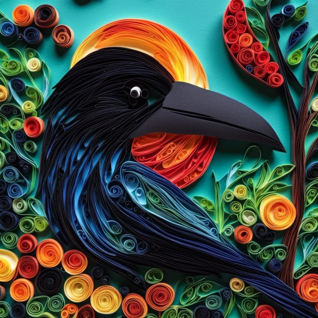 Surreal Quilled Raven Feasts in Whimsical Forest