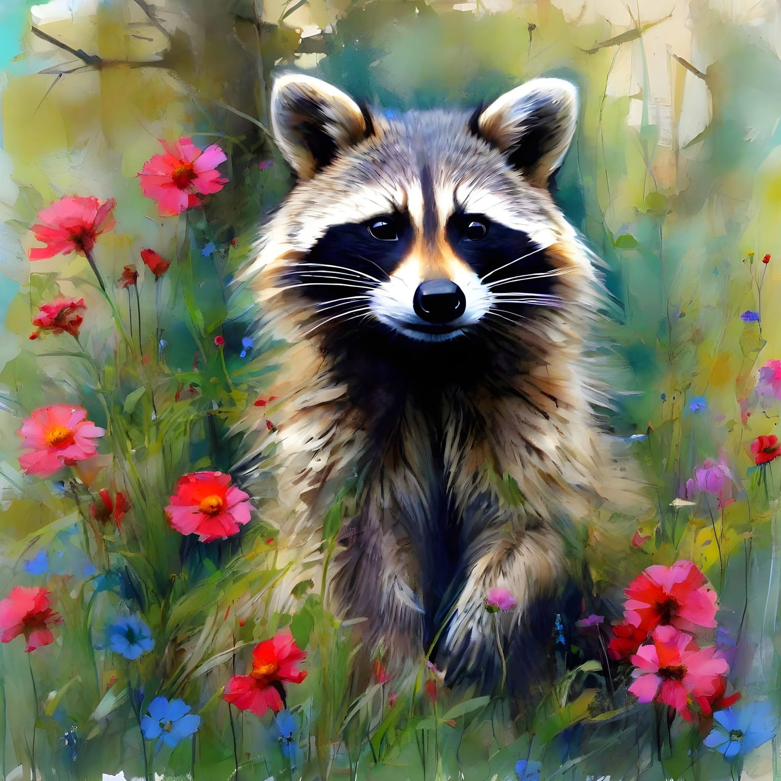 Raccoon in Floral Glade: Grungy Oil Painting