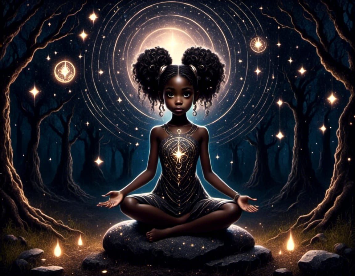 Magical Girl Reaching for Stars in Forest Clearing