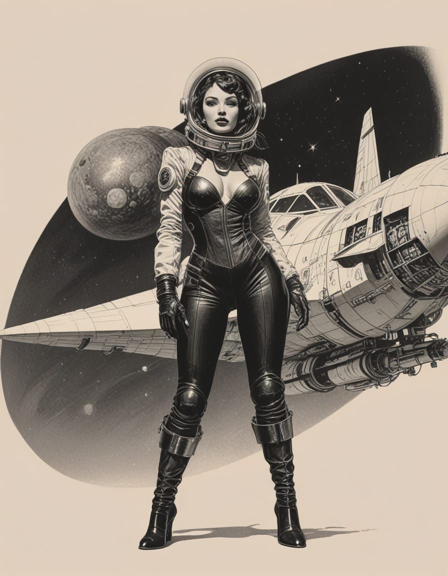 Retro Sci-Fi Pinup in Pen and Ink Style