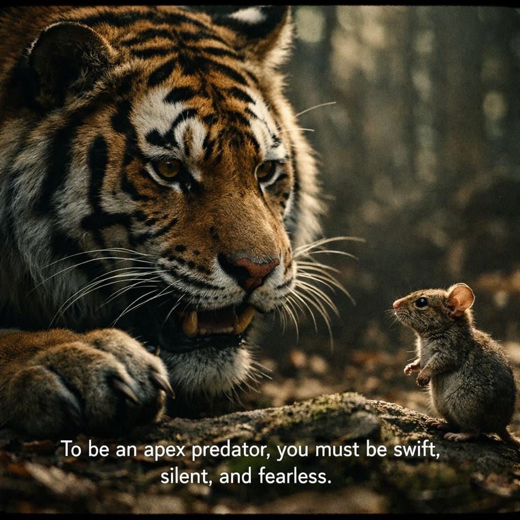 Tiger Teaches Mouse Apex Predator Skills in Cinematic Image