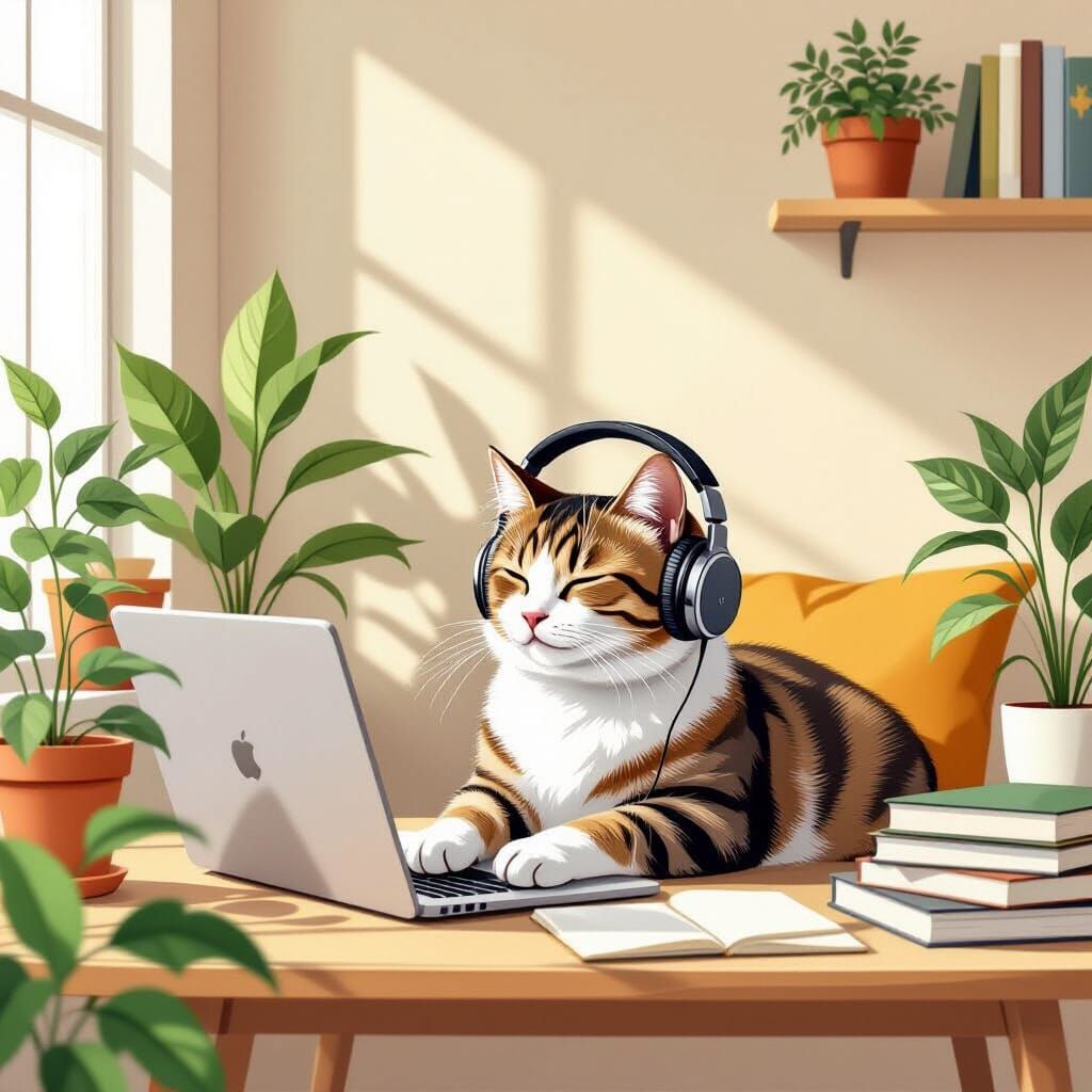 Millennial Cat's Cozy Workspace in Contemporary Style