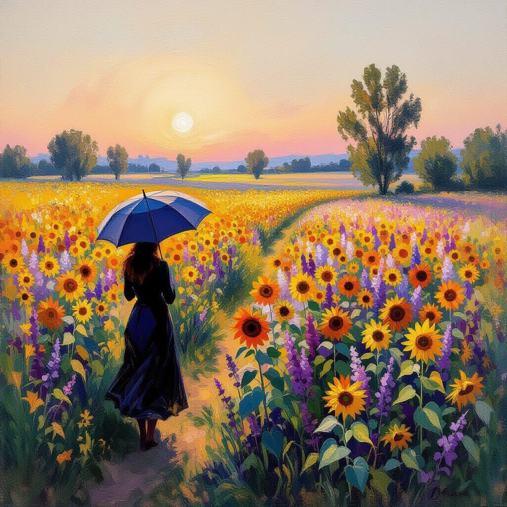 Ethereal Sunrise Field of Sunflowers and Lilacs in Impressio...