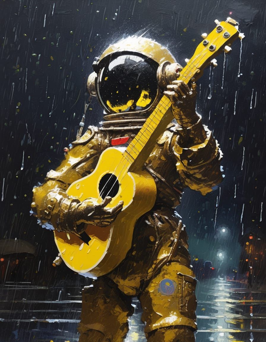 Astronaut Plays Ukulele in Alien Rain, Digital Painting