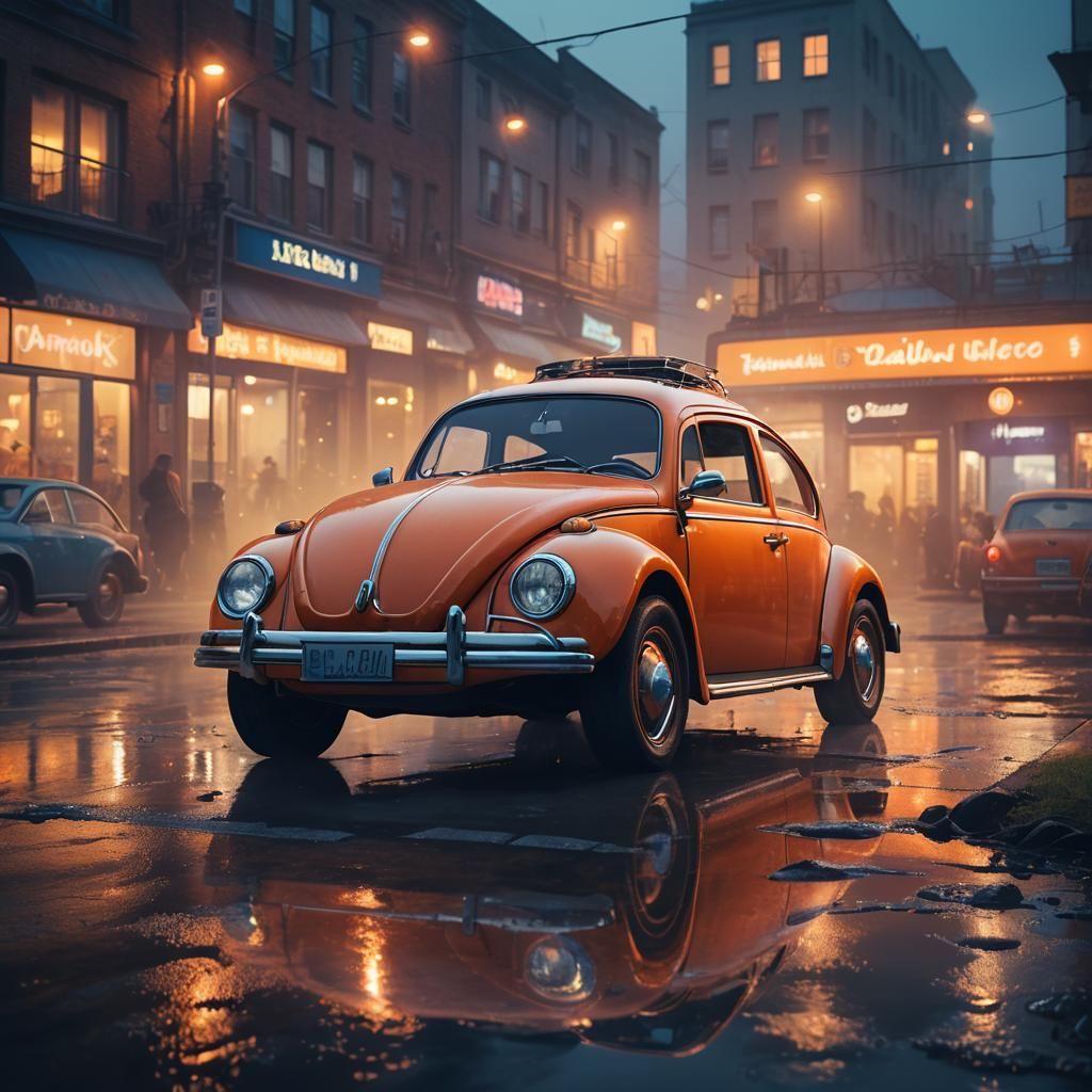 Neon Volkswagen Beetle in Misty Parking Lot