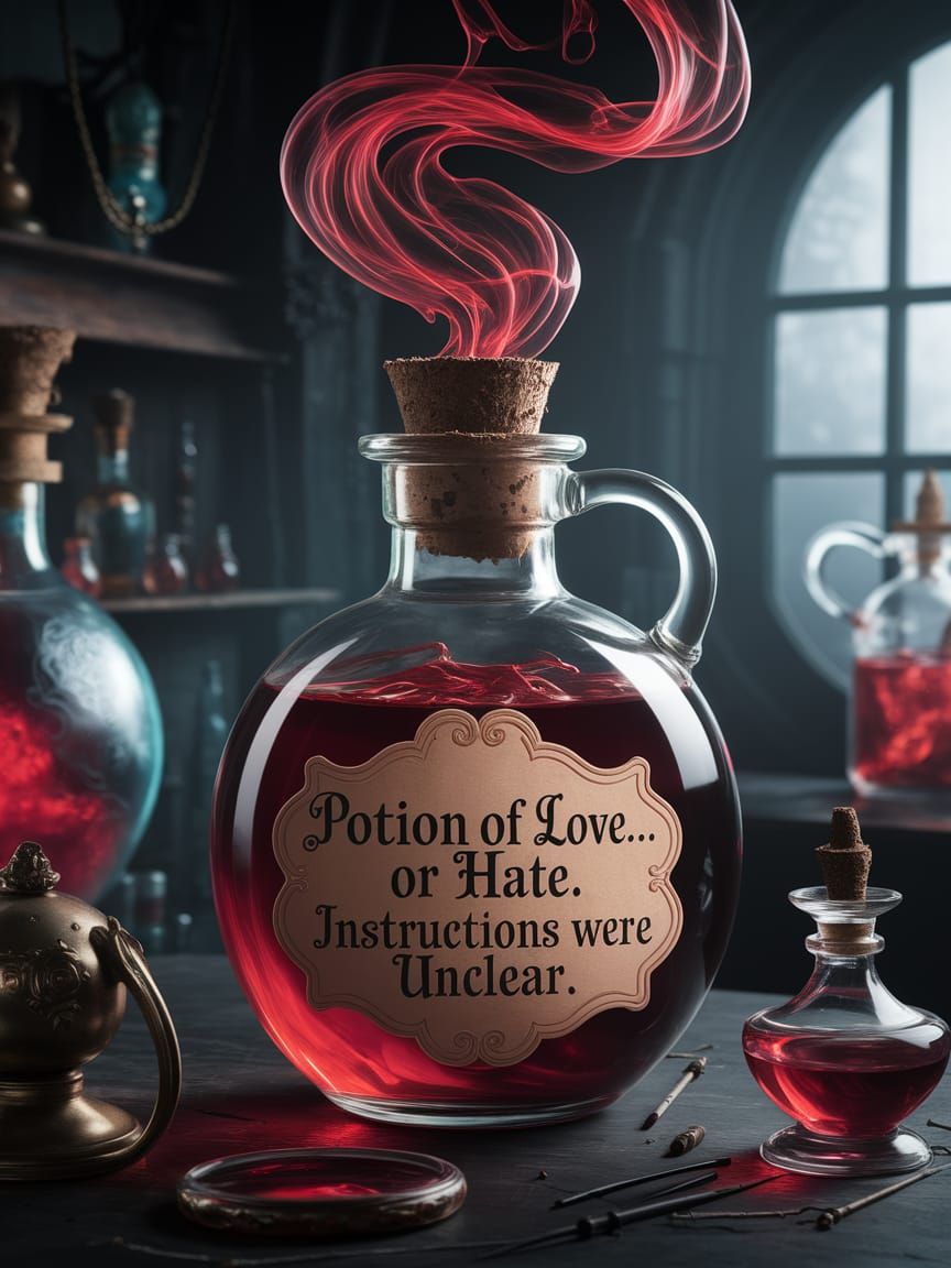 Mysterious Potion Bottle in a Dark Magic Shop