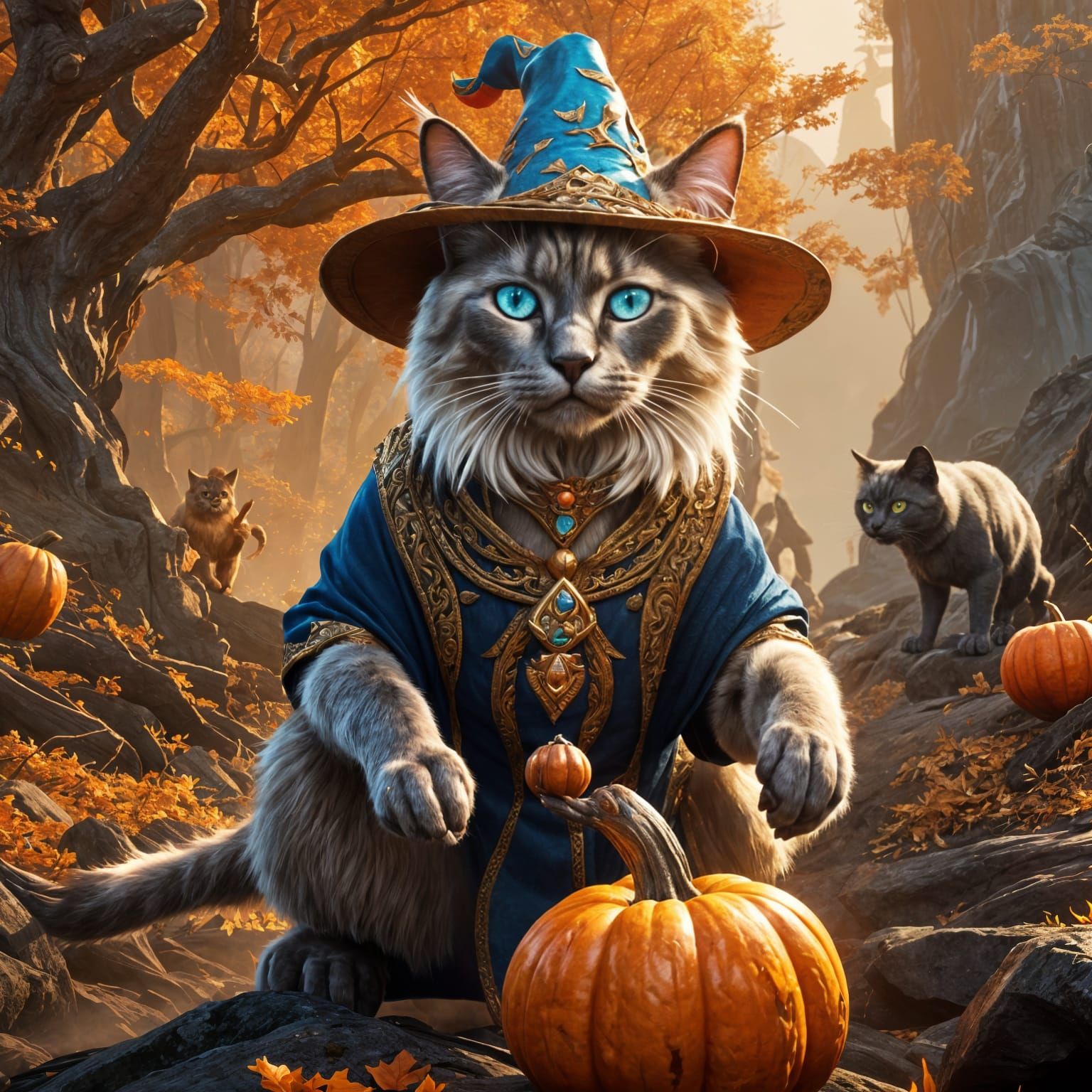 Siamese Cat Wizard with Flaming Pumpkin in 3D