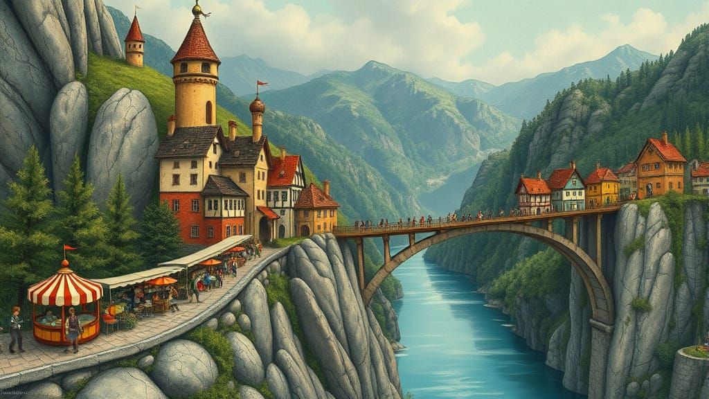 Whimsical Mountain Villages with a Majestic Bridge and Bustl...