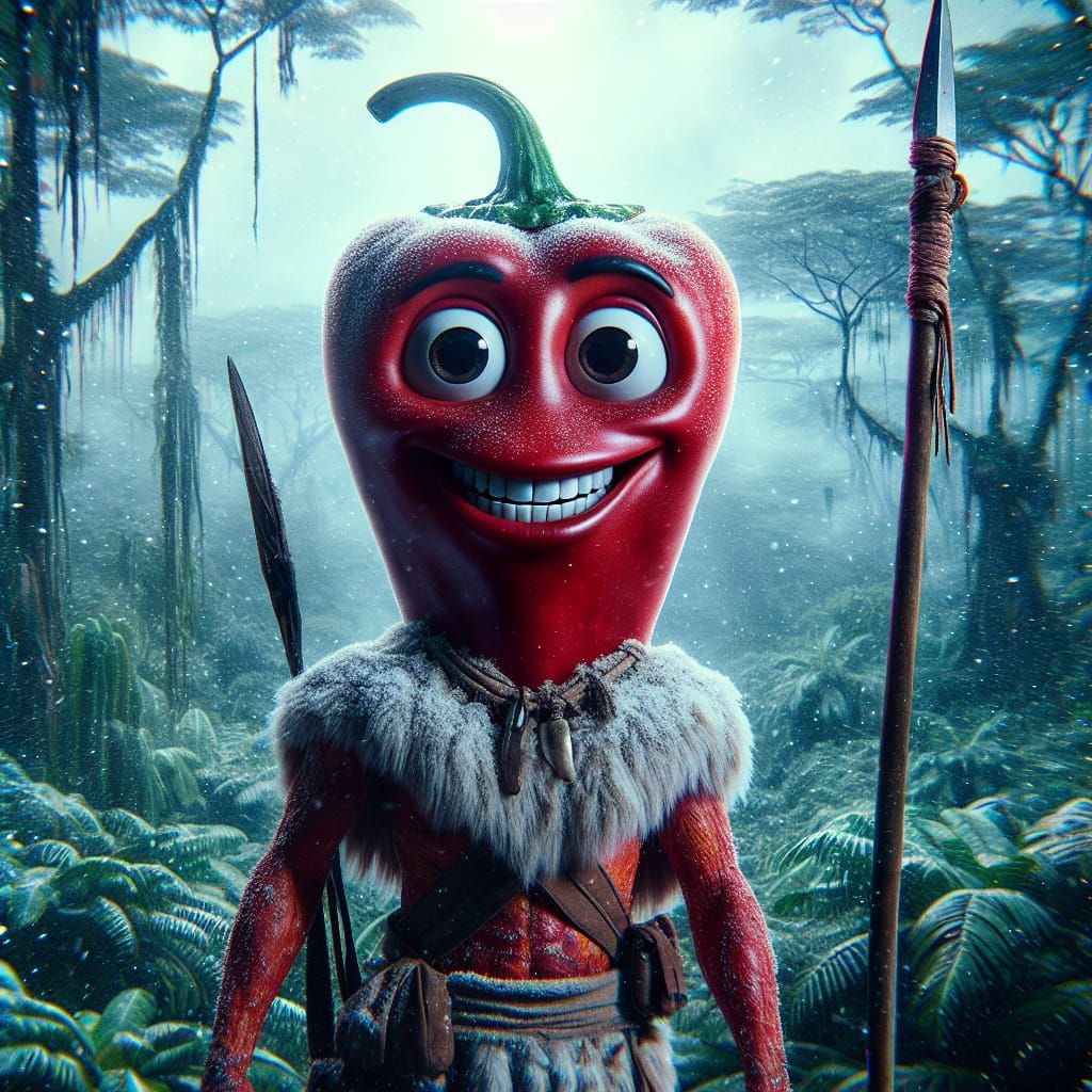 Smiling Chili Pepper Warrior in Winter Jungle