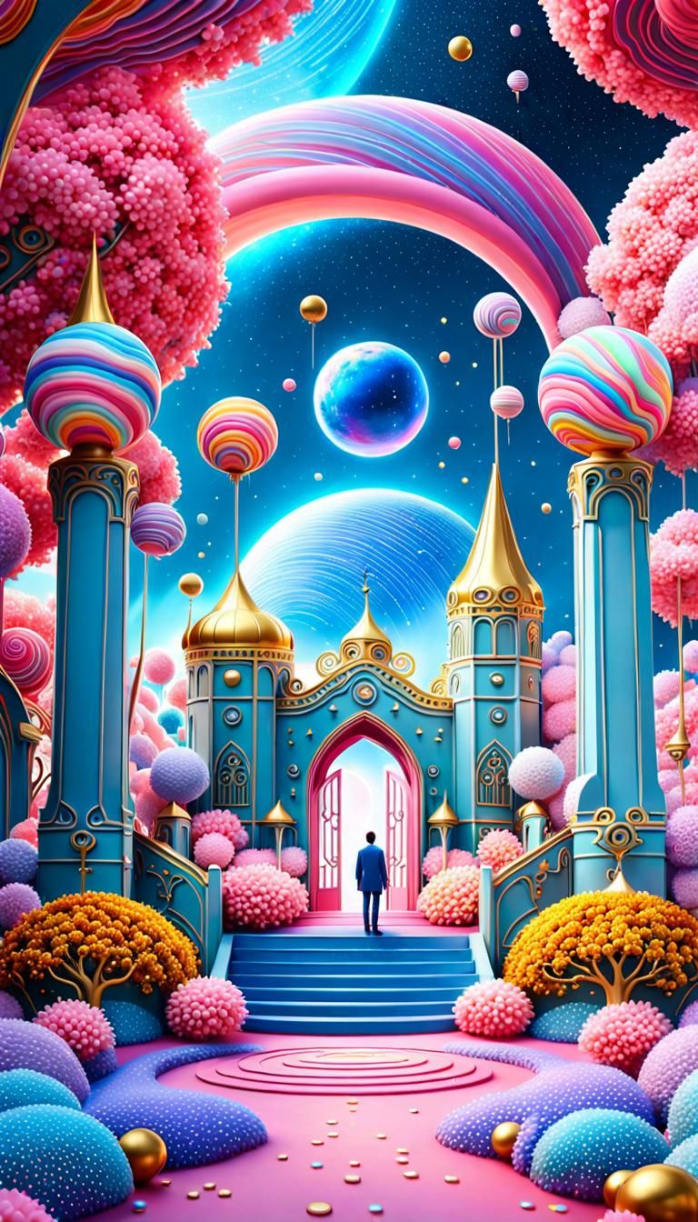 A breathtaking beautiful surreal Space candy planet coated cute adorable little alien.