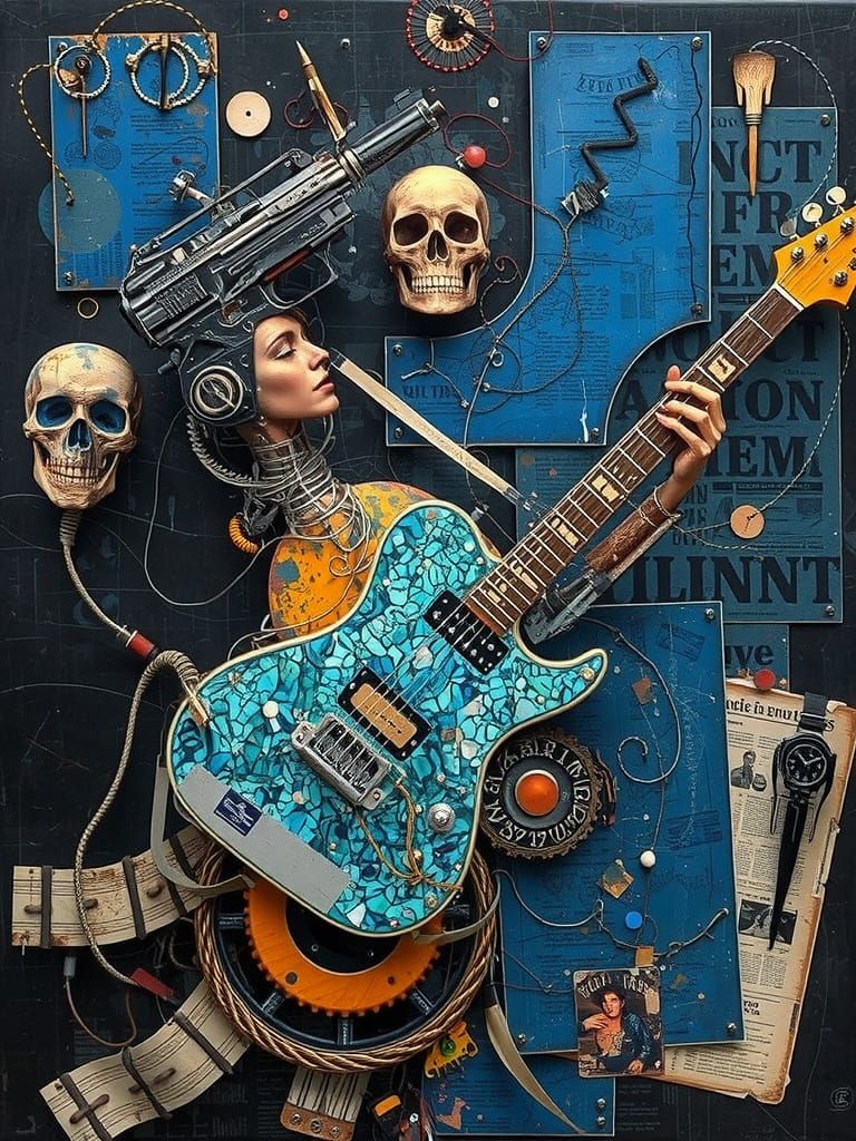 Abstract Expressionist Guitar Assemblage with Blue Inlays
