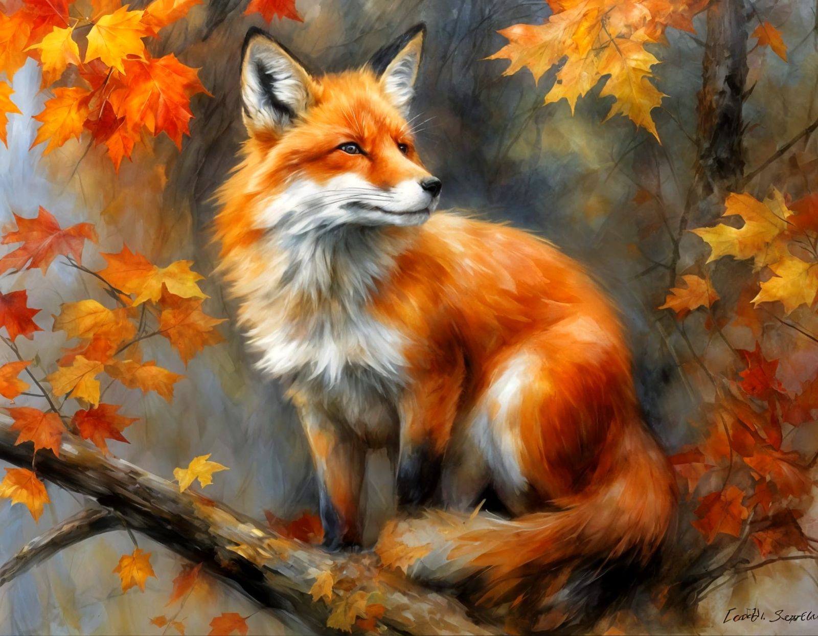 Red Fox Den at Autumn Equinox in Suminagashi Style