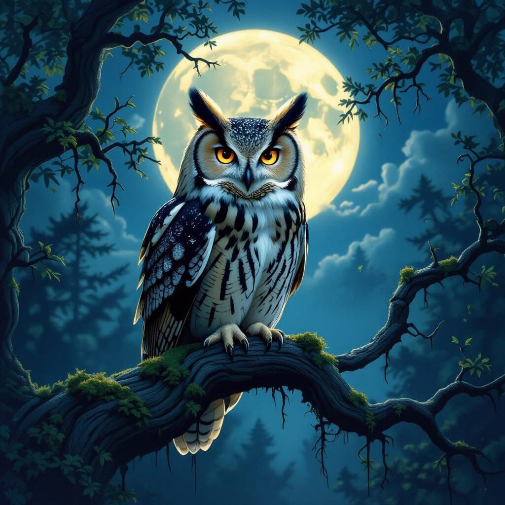 Wise Owl in Moonlit Forest Dark Fantasy