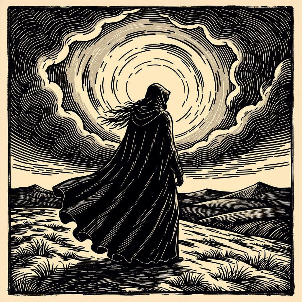 Solitary Figure in Stormy Landscape, Woodcut Style