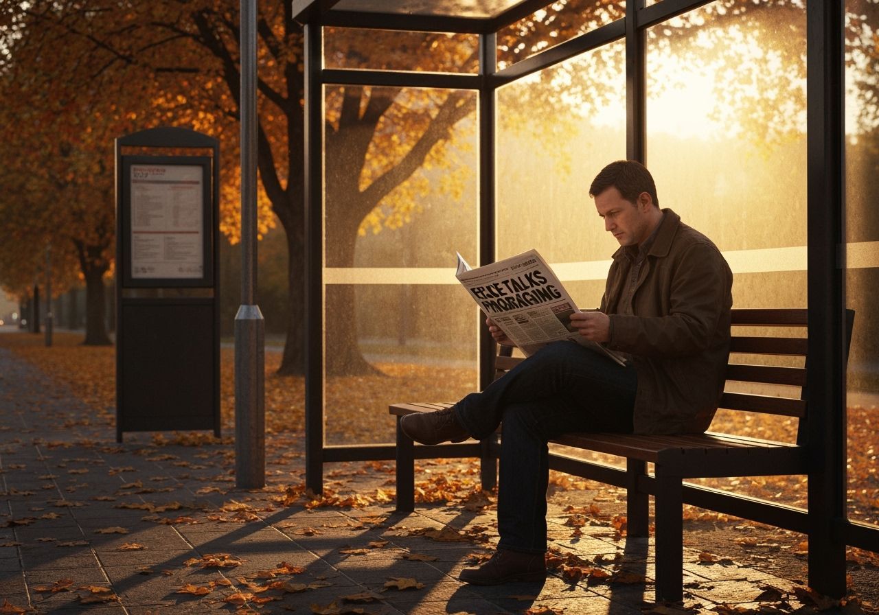 Man Reads Newspaper at Autumn Bus Stop During Golden Hour