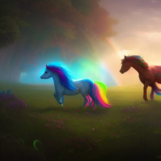 Rainbow Pony in Whimsical Fairy Land: Digital Art