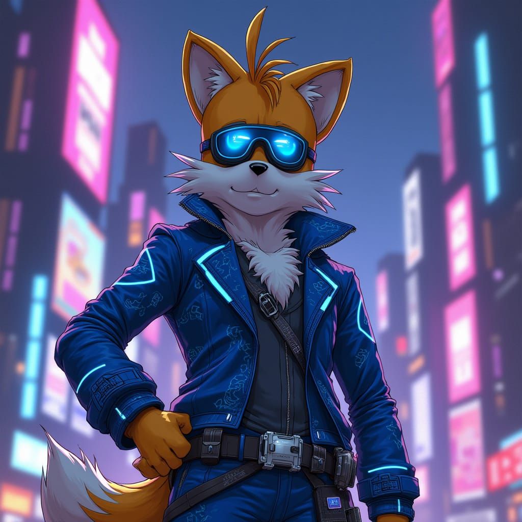Tails in Cyberpunk Cityscape with Glowing Accents