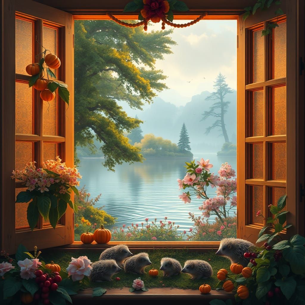 Autumn Window with Hedgehog Family in Kinkade Style