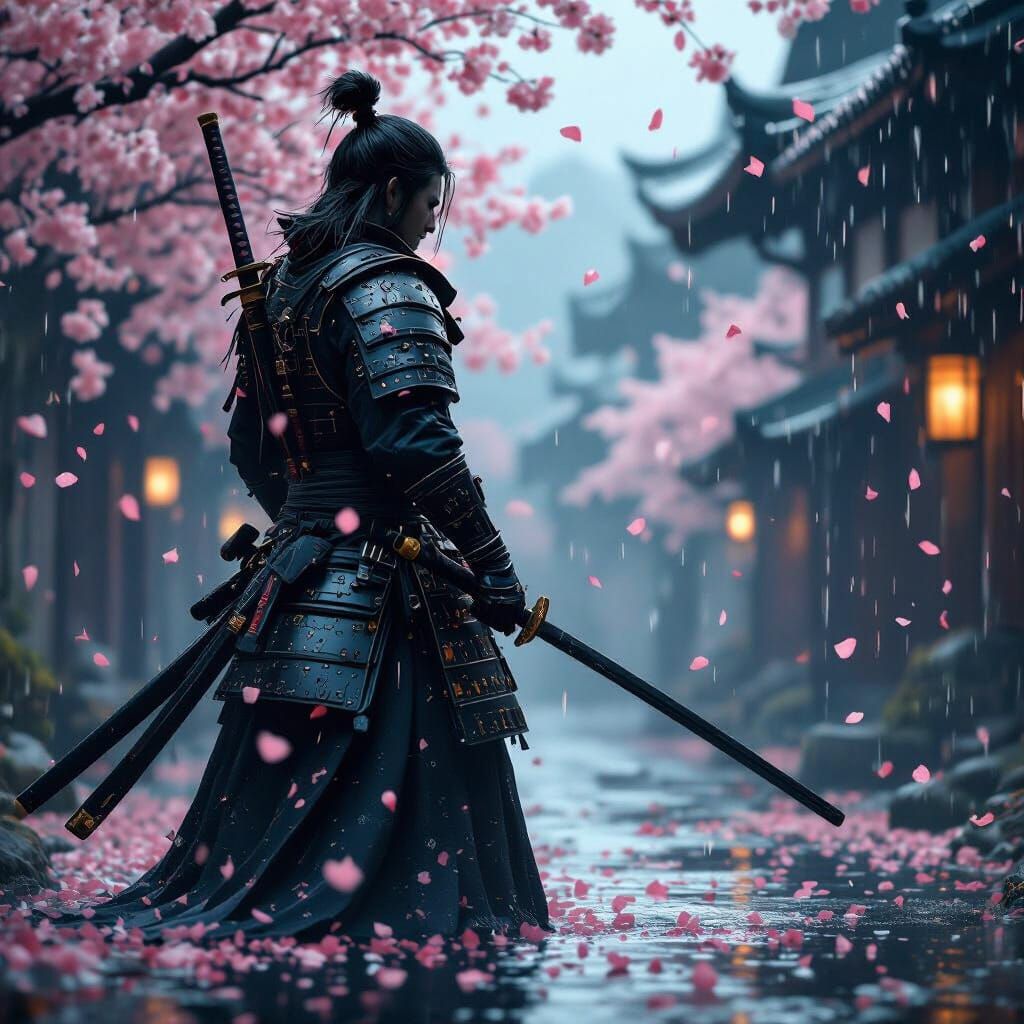 Samurai in Rain with Cherry Blossoms, Cinematic Lighting