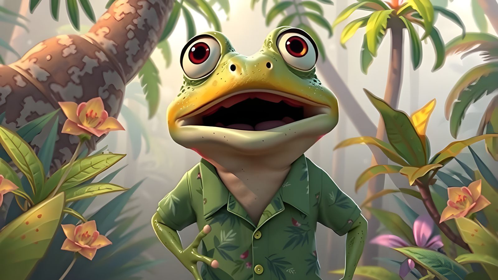 Shocked Frog in Hawaiian Shirt, Animated Cartoon Style