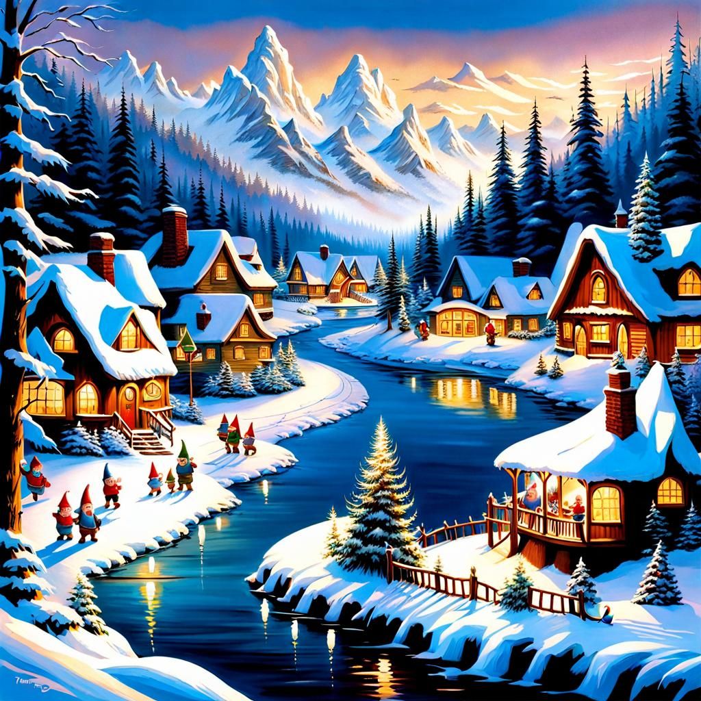 Gnome Family Winter River Scene in Kinkade Style