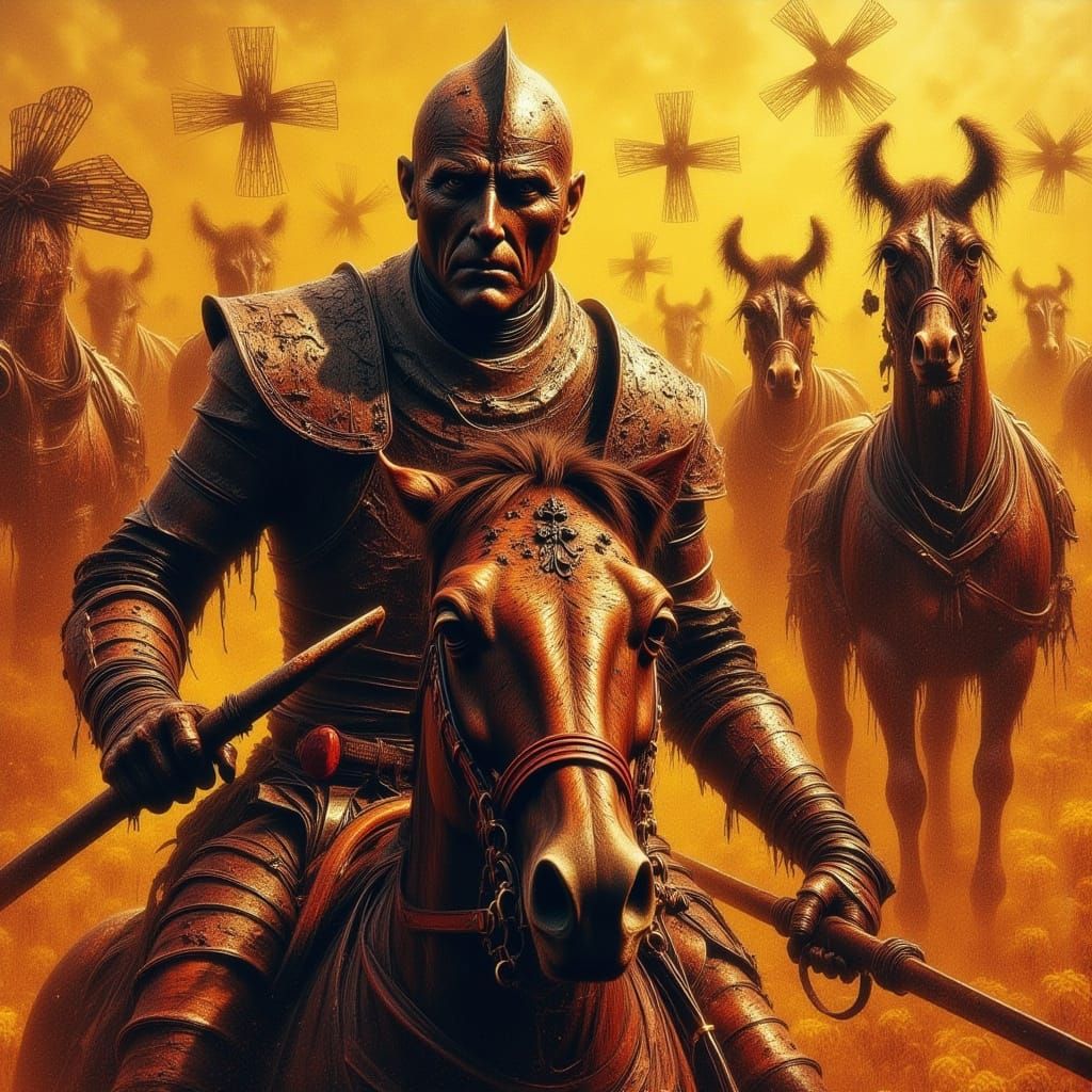 Don Quixote Rides in Abstract Surrealism Style