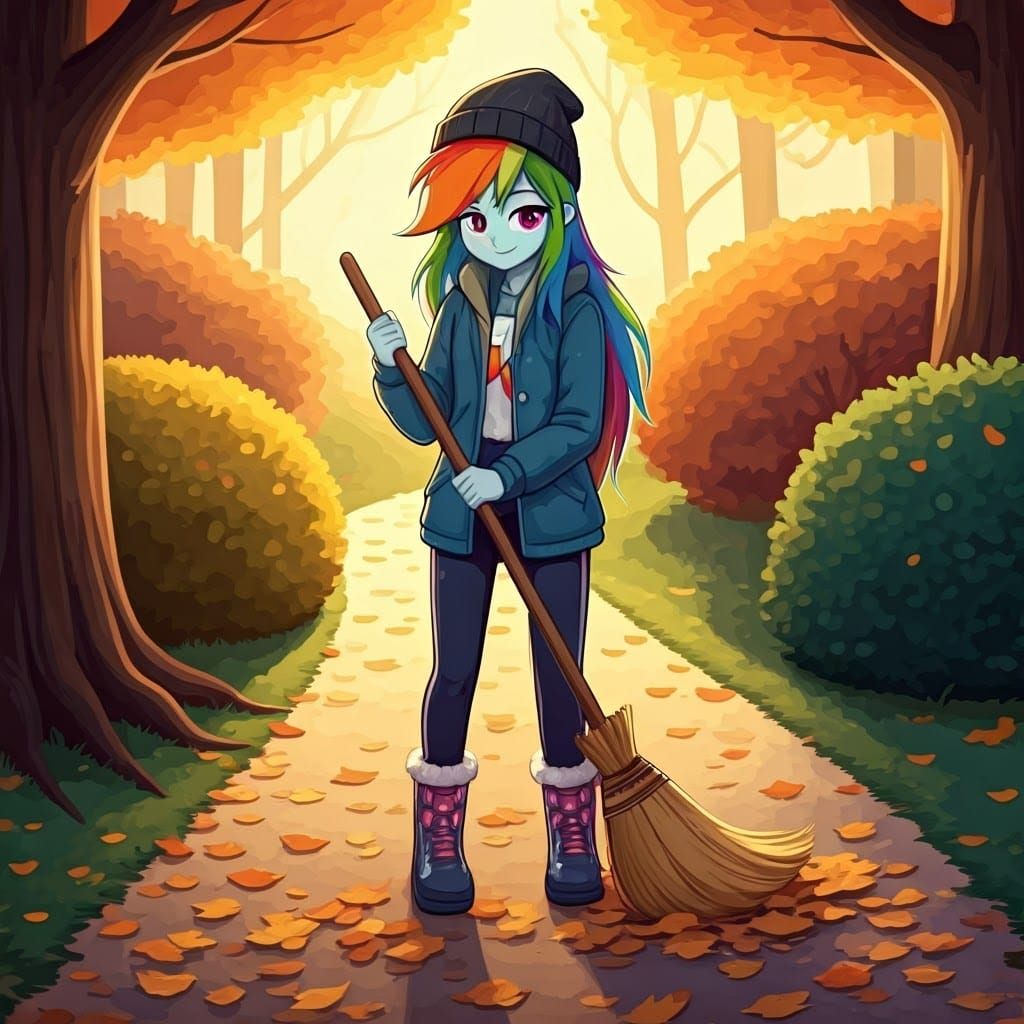 Whimsical Autumn Scene of Rainbow Dash Sweeping Leaves in a....