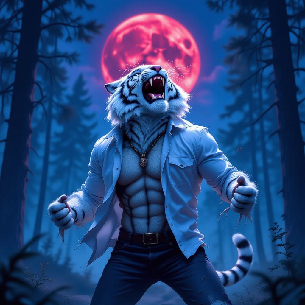 A white weretiger during a blood moon