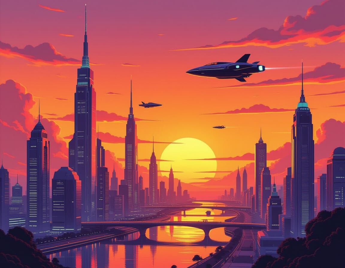 Retro-Futuristic Utopian Cityscape at Sunset