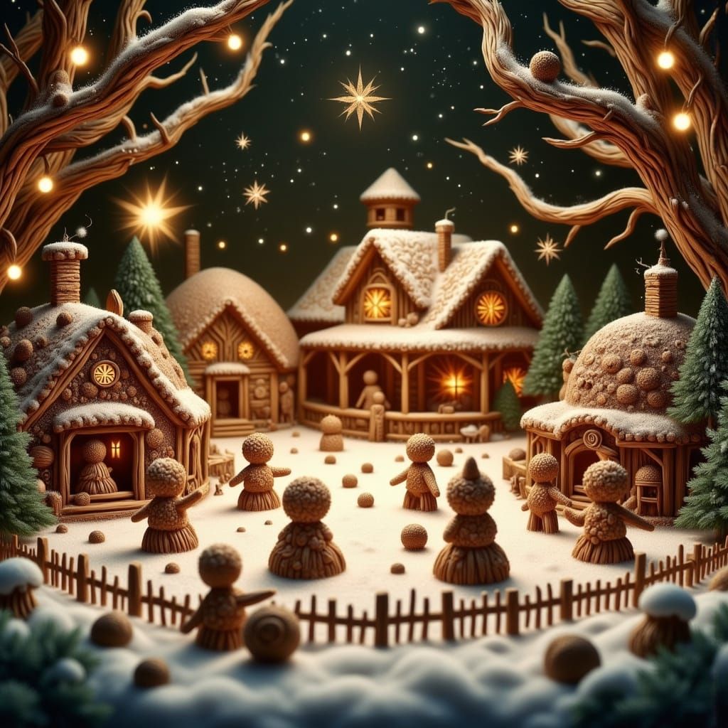 Miniature gingerbread people in miniature Christmas village, intricate details <lora:Cut Wood:1.0> <lora:Terra Flux:1.0>