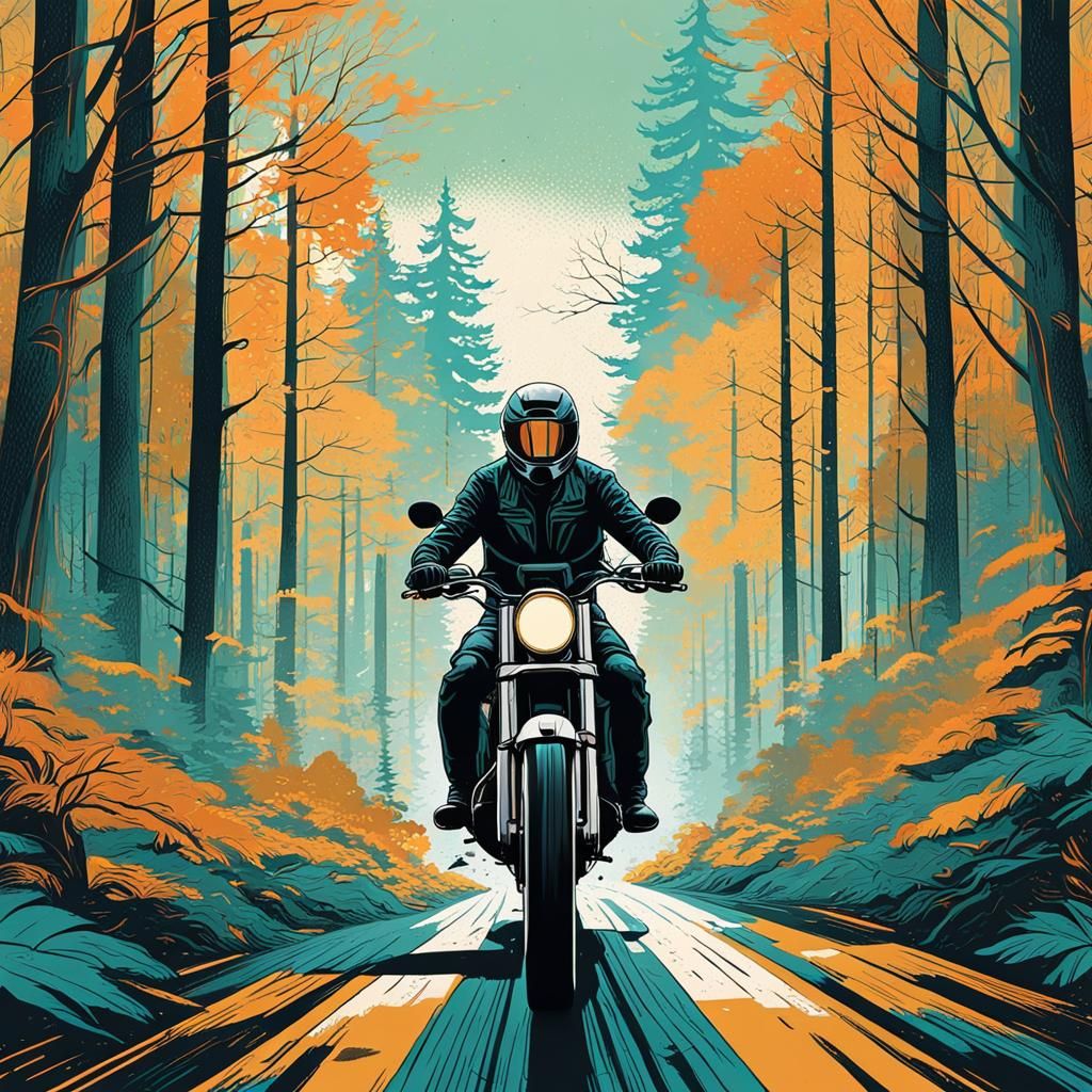 Motorcyclist in Woods: Pop Art Screen Print