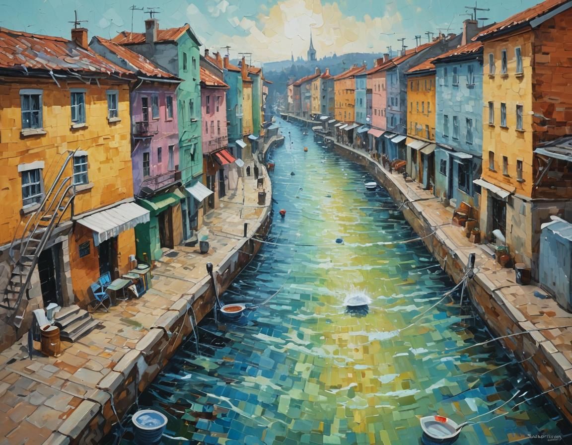 Neo-Impressionist Satellite Dishes in Pastel Oil Painting