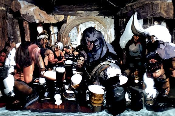 Medieval Tavern Scene with Fantasy Adventurers