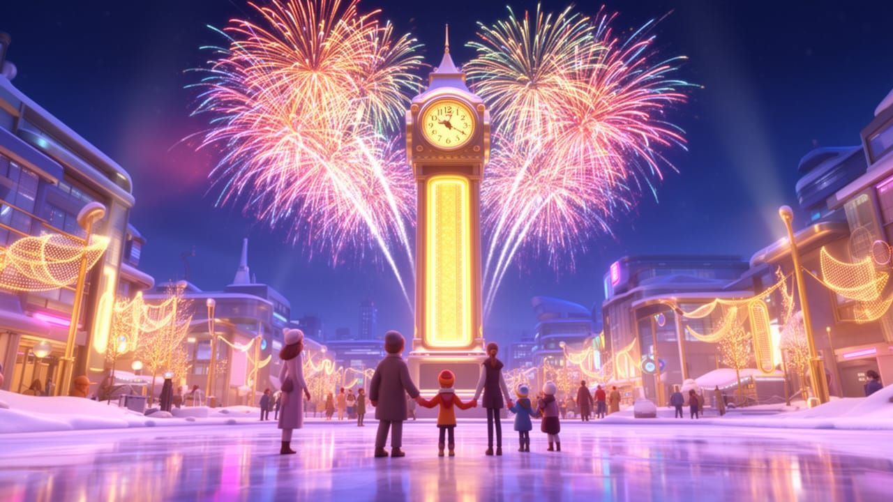Pixar Style Winter City Square With New Year Fireworks