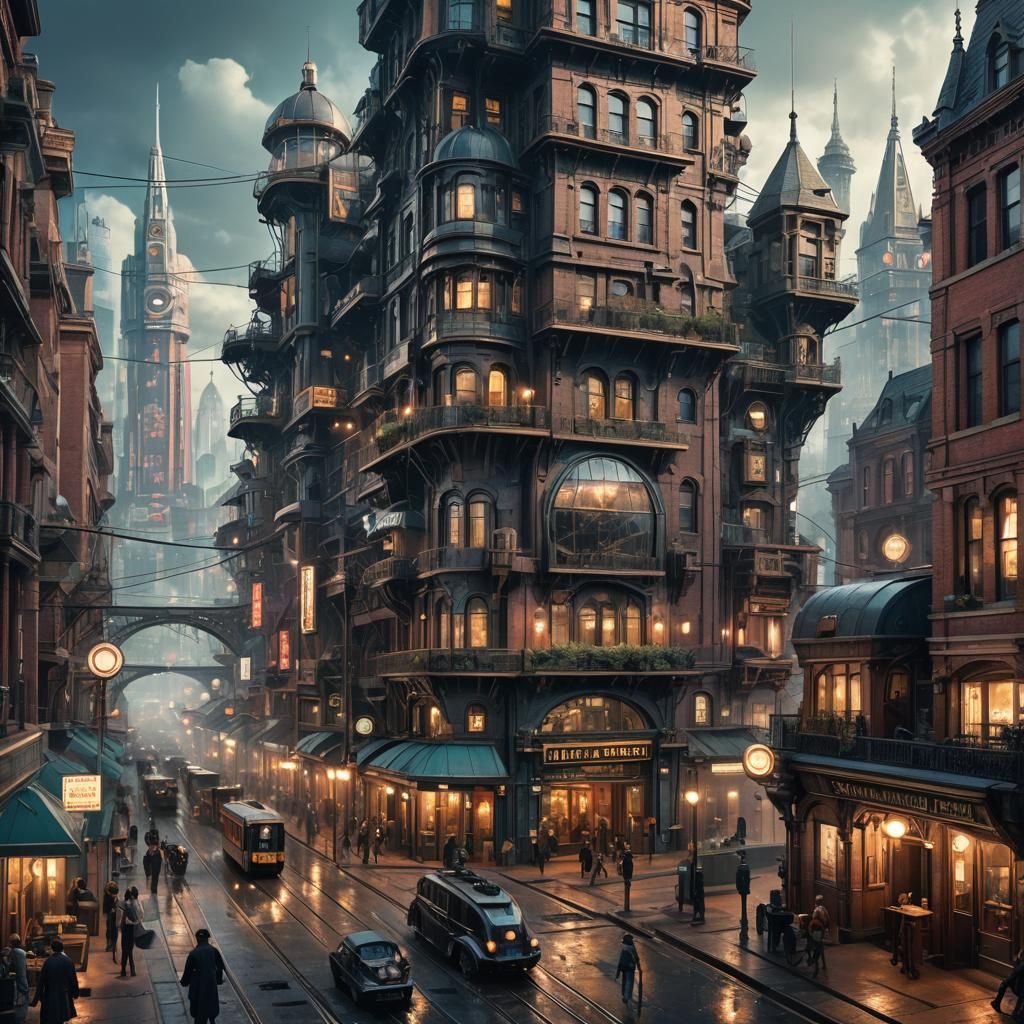 Victorian Cityscape with Cyberpunk Style