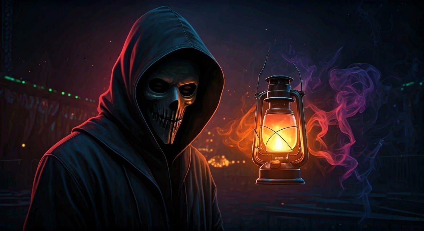 Masked Stalker in Abandoned Carnival at Dusk