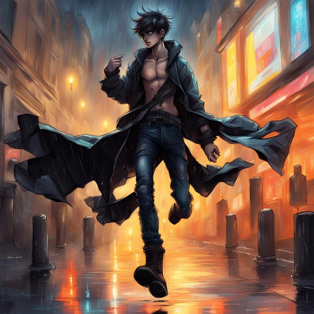 Boy dances in the rain