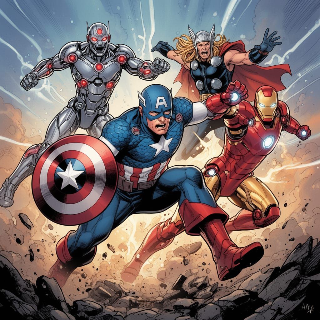 Marvel Heroes Battle Ultron in Comic Art Style