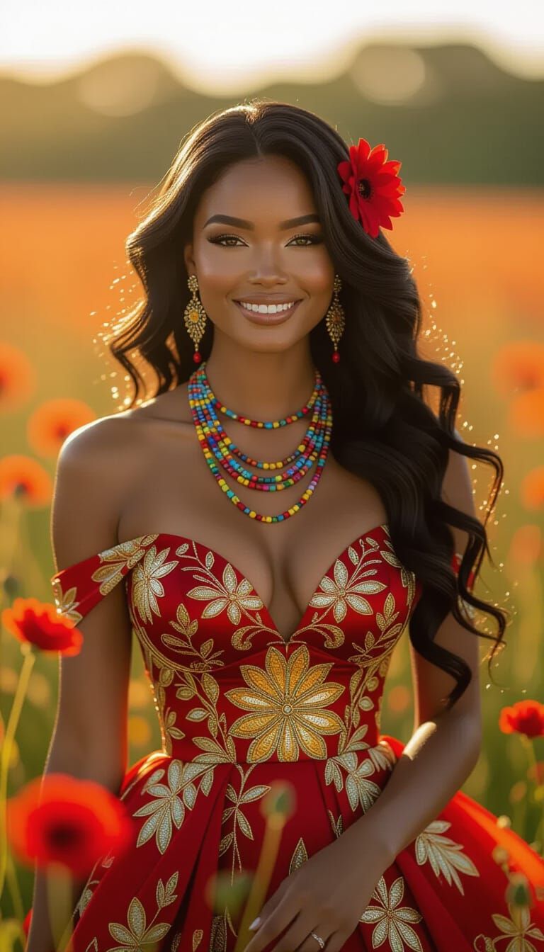 Caribbean Woman in Red and Gold Couture