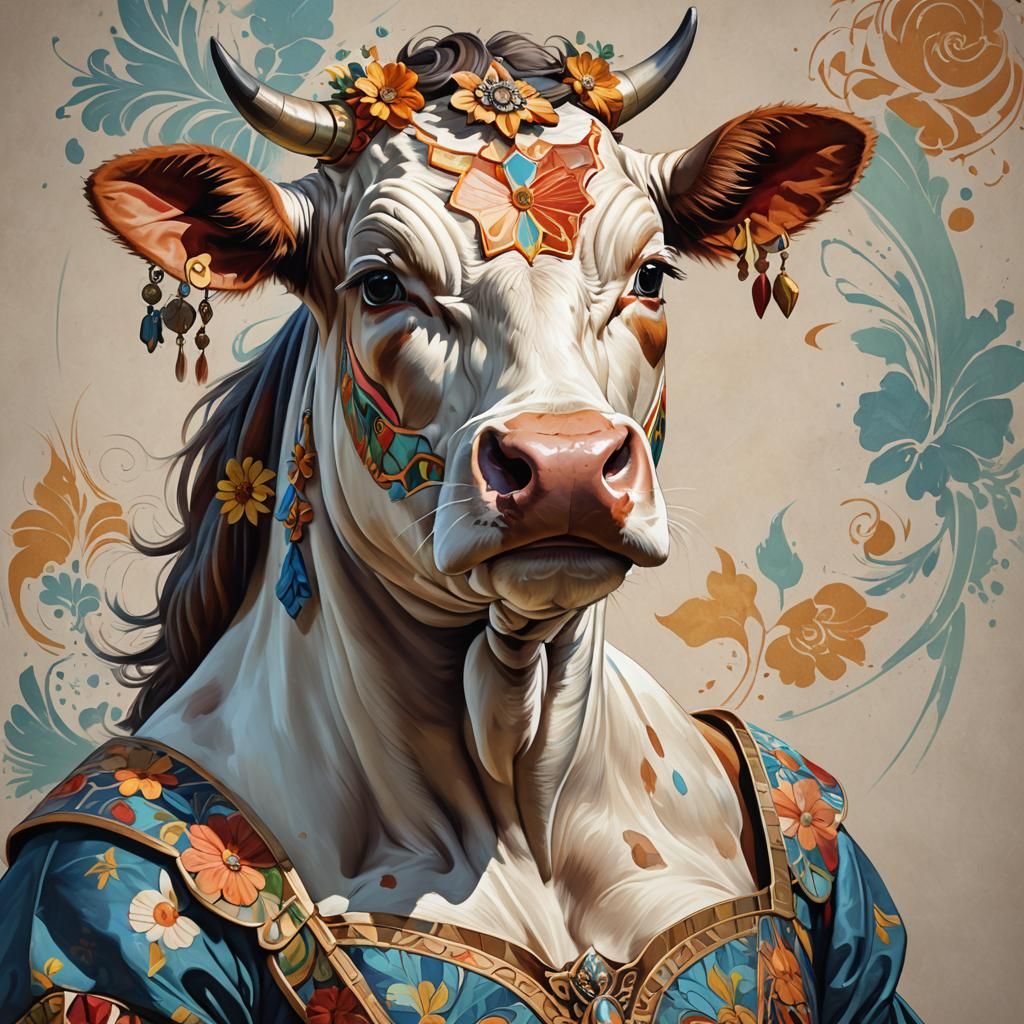 Cow in 1800s Dress: Picasso-Style Portrait
