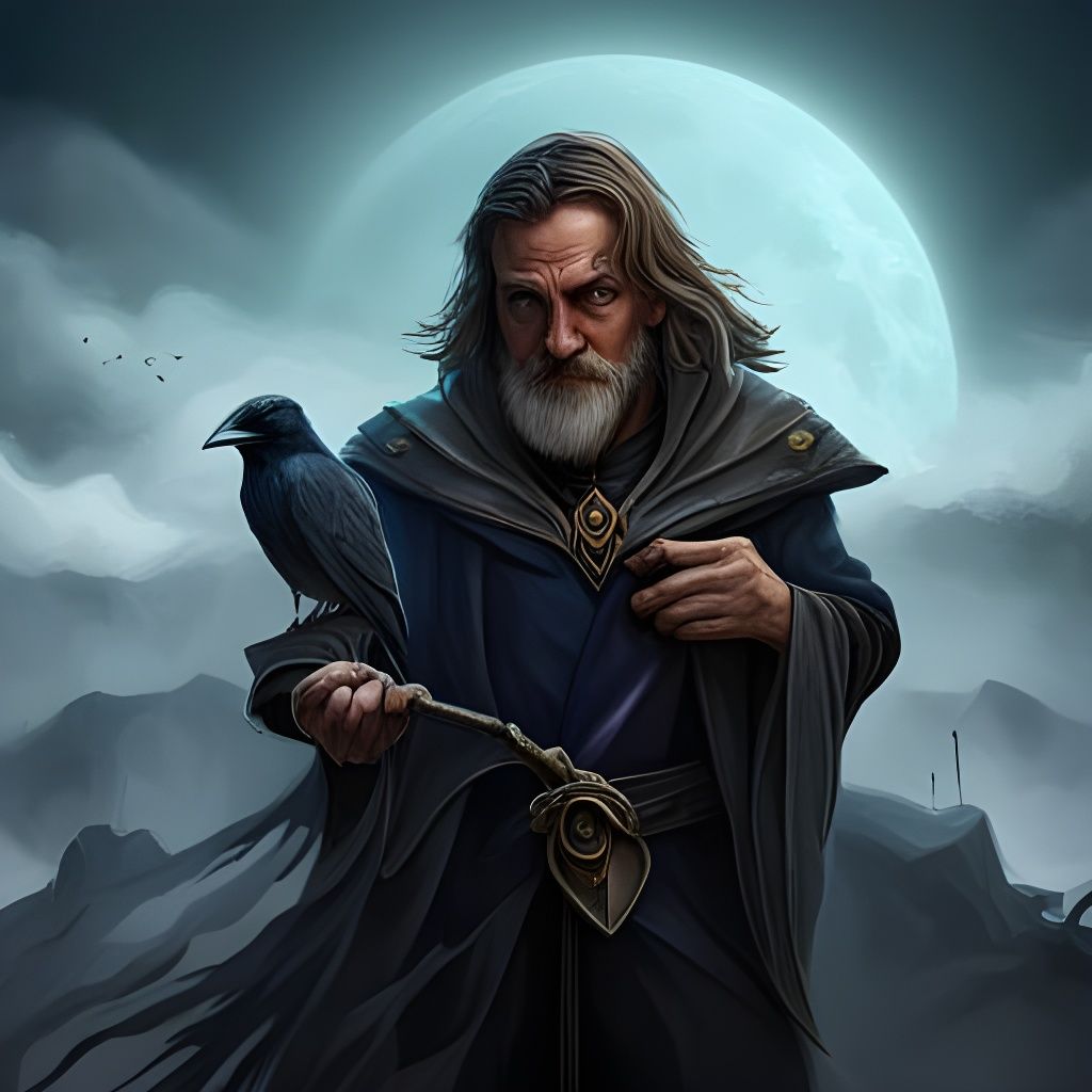 Dark Fantasy Wizard with Raven, Hyperdetailed Art