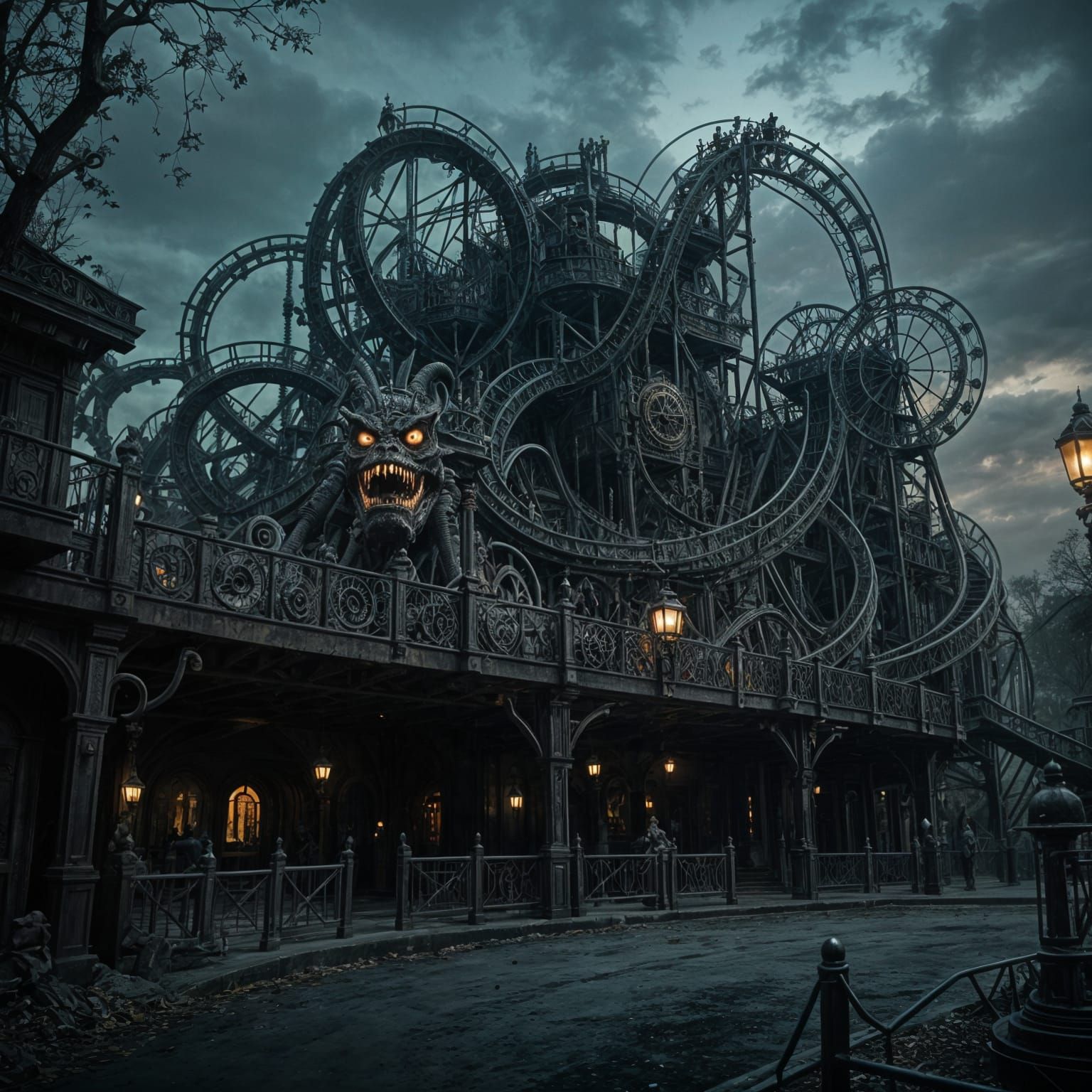 A steampunk gothic horror Rollercoaster theme park.