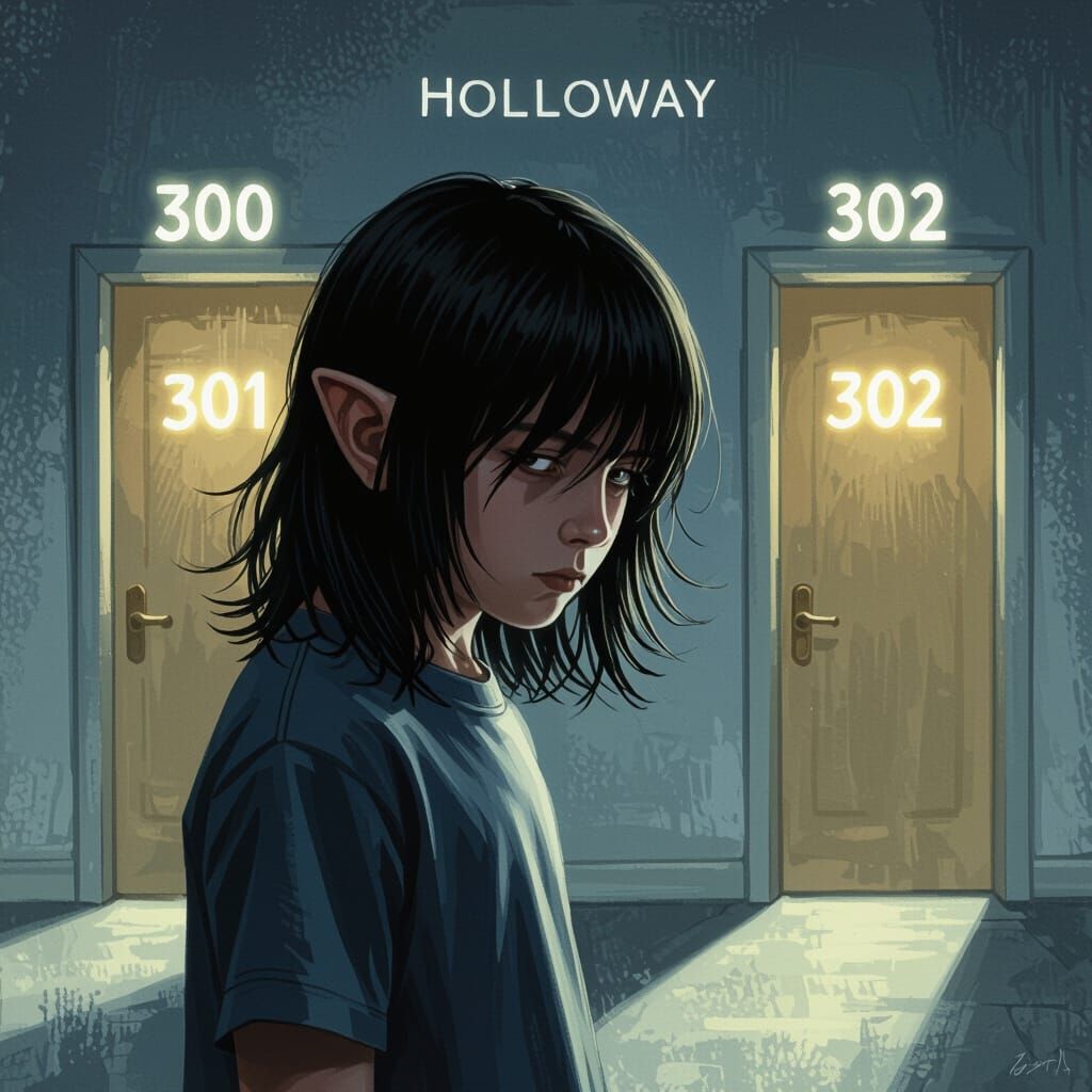 Boy with Bangs and Glowing Doors in Eerie Hallway