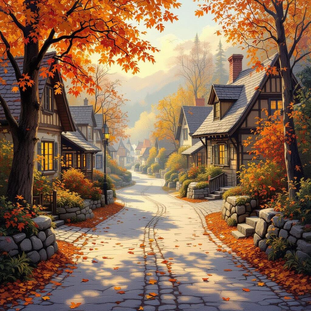 Autumn Village Road Impressionistic Oil Painting