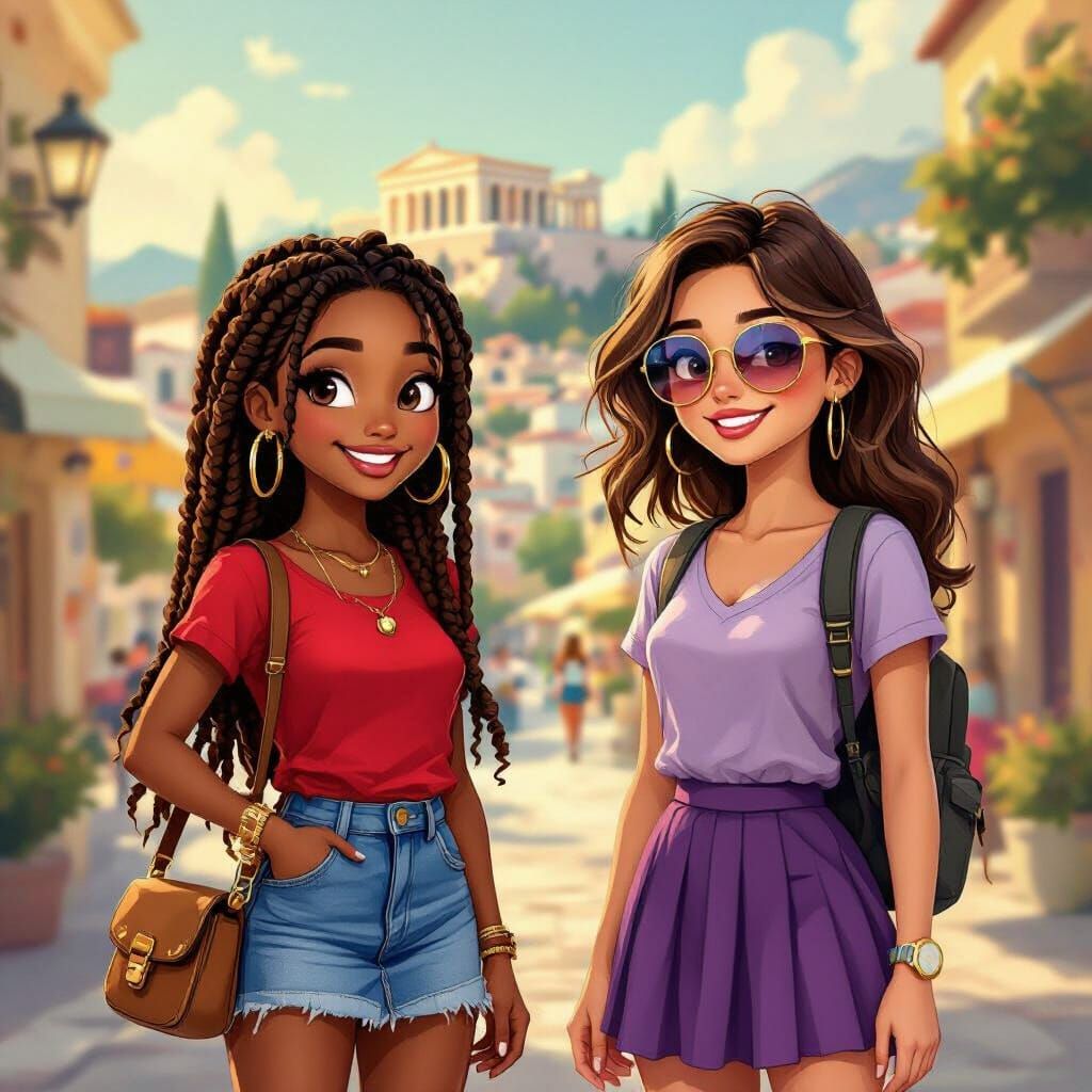Fun Cartoon of Athens Tourist Spots with Girls