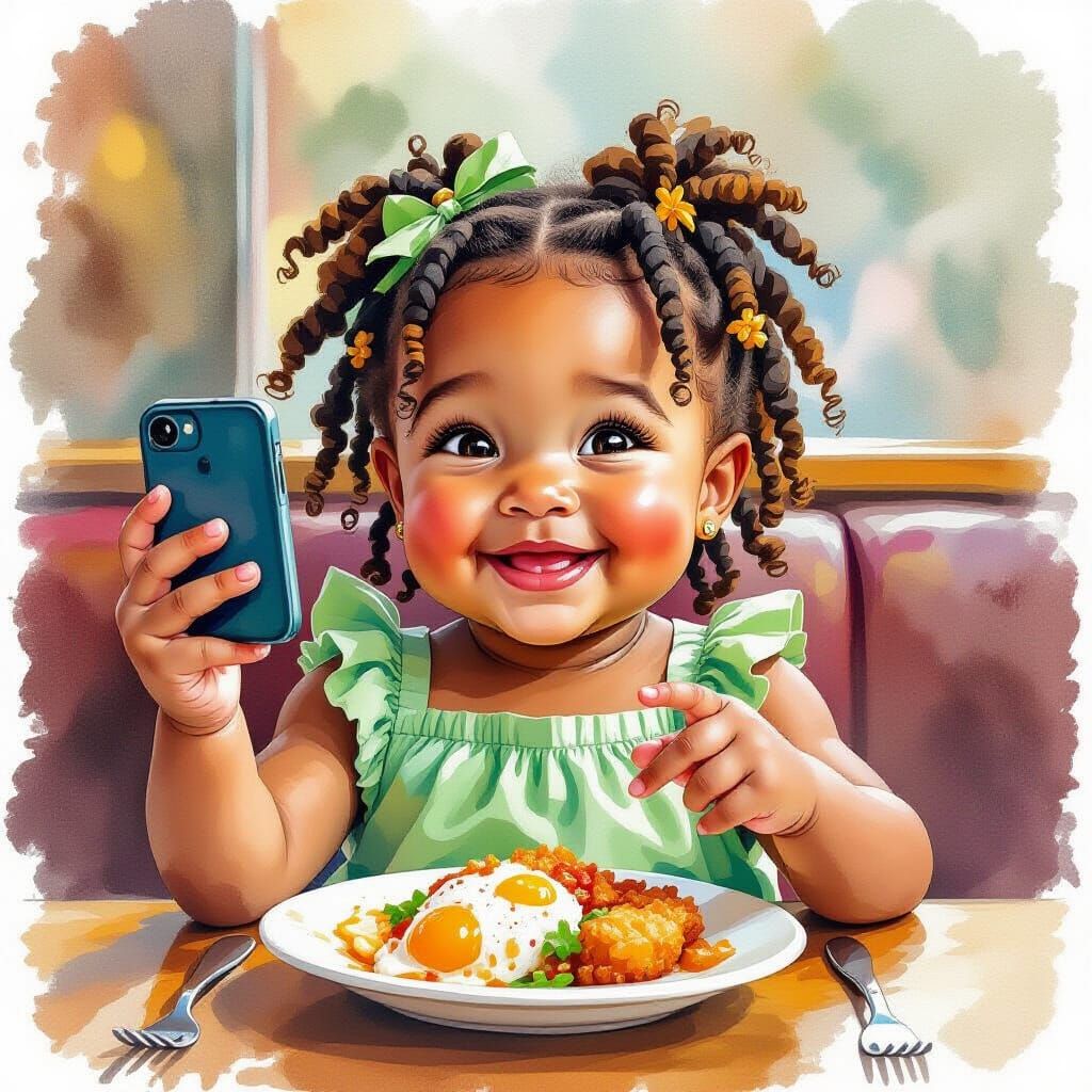 Toddler Photographing Dinner in Watercolor Style